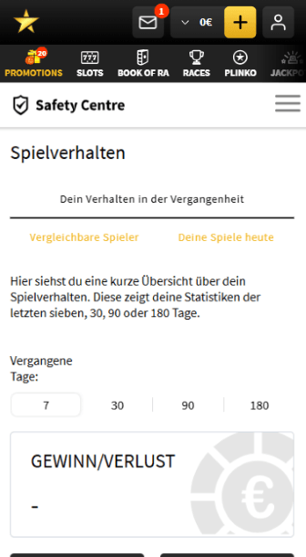 Screenshot des Safety Centers bei StarGames, das die GGL-konformen Tools zum Spielerschutz zeigt.