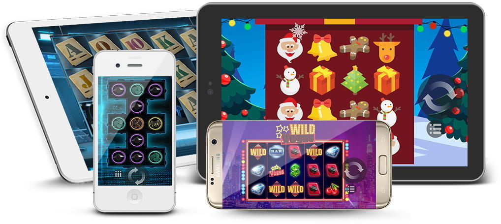 Verschiedene Spiele von MrSlotty dargestellt auf Smartphones und Tablet.