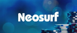 Das Logo von Neosurf über einem Stapel Casino Chips. Darüber befindet sich das Logo des Online Casinos Vulkan Vegas
