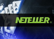 Das Logo von Neteller vor dem Hintergrund einer Illustration eines Online Casinos.