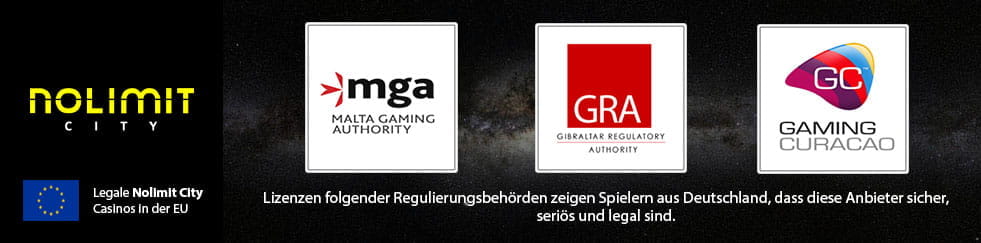 Das Logo des Herstellers Nolimit City und die Logos der Regulierungsbehörden die Lizenzen erteilen, die auch für Deutschland gelten.