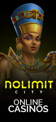 Eine Figur eines Nolimit City Spielautomaten und der Zusatz Nolimit Online Casinos.