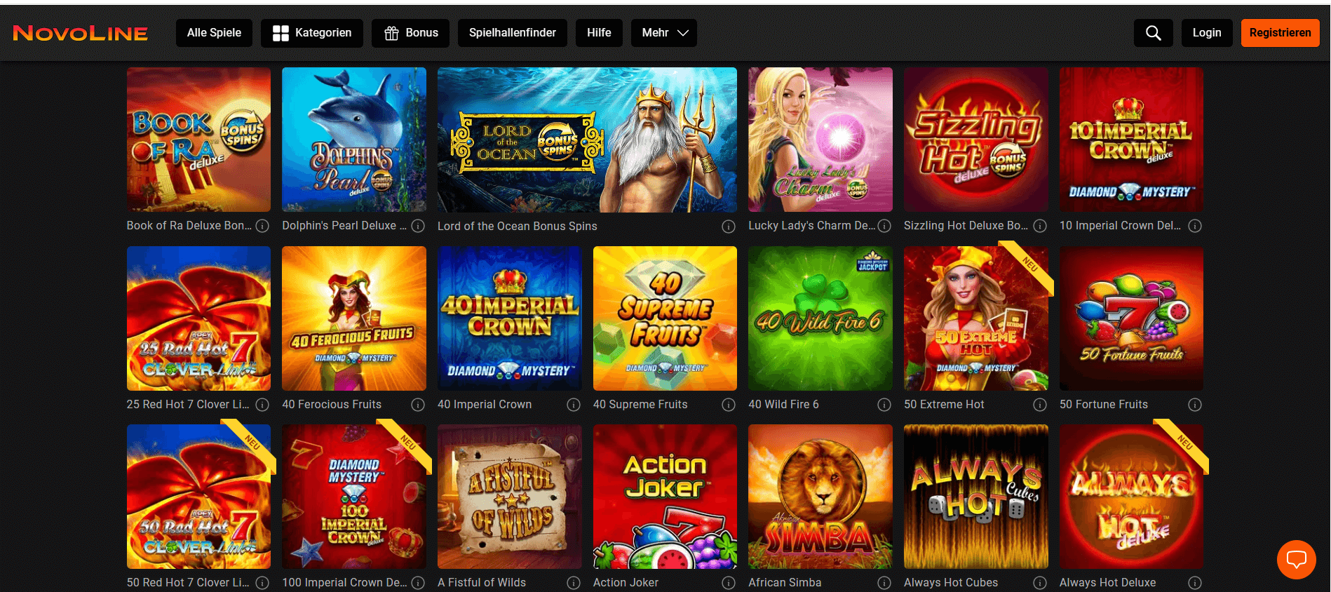 Die Spielübersicht der Novoline Spielbank.