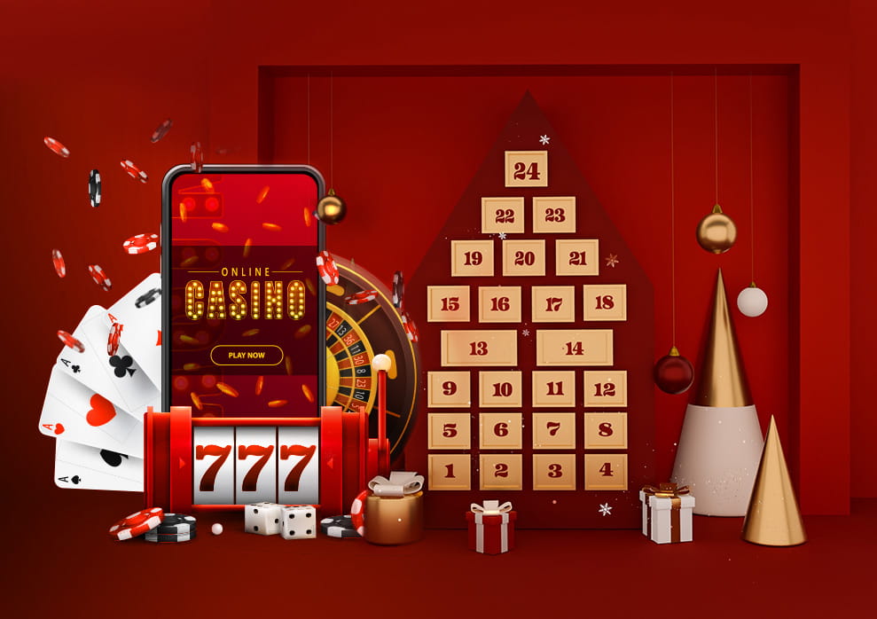 Ein Smartphone, auf dem die Worte Online Casino abgebildet sind, neben Karten, ein Rouletterad und ein Adventskalender.