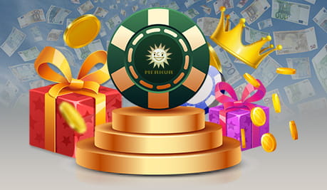 Ein Siegertreppchen mit einem Spielchip mit Merkur-Symbol und Geschenken und Münzen im Hintergrund.