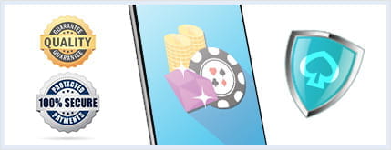 Qualitätssiegel und Casinosymbole.