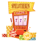 Ein Spielotheken-Schild über einem Online Spielautmaten mit Casinochips als Zeichnung.
