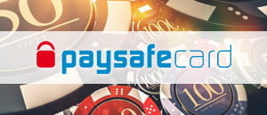 Ein Bild mit Casinoutensilien und dem paysafecard Logo.