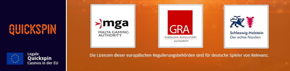 Infografik zu legalen Quickspin Casinos in der EU – Für deutsche Spieler sind die Lizenzen dieser europäischen Regulierungsbehörden maßgeblich: Malta Gaming Authority, Gibraltar Remote Gamling Authority, Innenministerium Schleswig-Holstein.