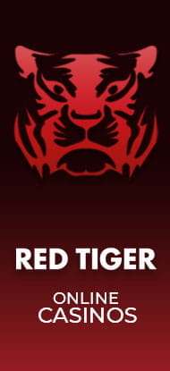 Ein Charakter aus einem Red Tiger Slot mit dem Red Tiger Logo und dem Zusatz: Online Casinos.
