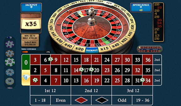 Der Spieltisch sowie der Kessel des Playtech Spiels 1000 Diamond Bet Roulette.