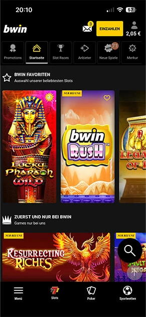 Die Lobby von bwin mit Slot-Spielen in der Übersicht.