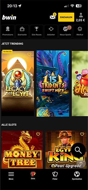 Die Spielauswahl von bwin mit Slot-Spielen in der Übersicht.