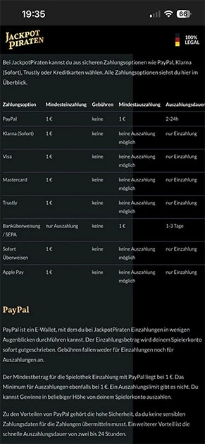 Informationen zur Zahlungsmethode PayPal im FAQ-Bereich von JackpotPiraten.