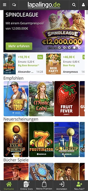 Die Lobby von Lapalingo mit Slot-Spielen in der Übersicht.