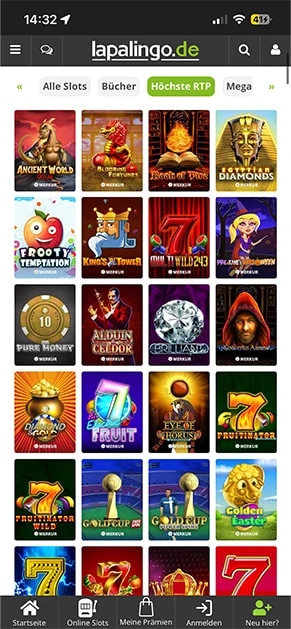Die Lobby von Lapalingo mit Slot-Spielen in der Übersicht.