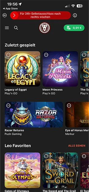 Die Lobby von LeoVegas mit Slot-Spielen und dem Menü in der Übersicht.
