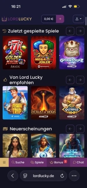 Die Startseite von Lord Lucky
  mit zuletzt gespielten Spielen, Empfehlungen und Neuerscheinungen.