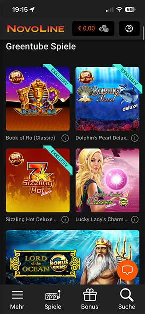Die Spielauswahl von Novoline mit Slot-Spielen von Greentube in der Übersicht.