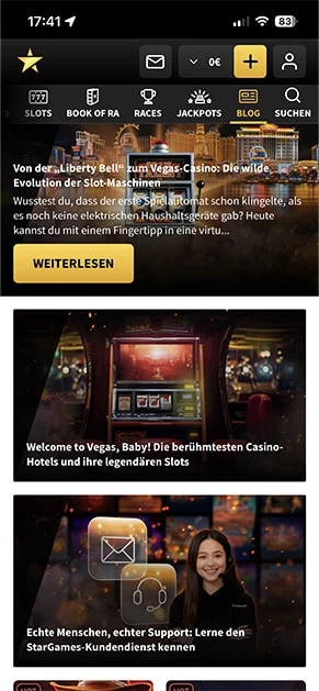 Die Blog-Übersicht in der StarGames App, die verschiedene Artikel zu Themen wie der Geschichte von Spielautomaten und Kundensupport anzeigt.