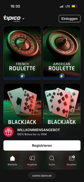 Die Webseite vom Tipico Casino mit einigen Spielen.