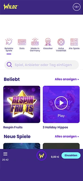 Die Lobby von Wildz mit Slot-Spielen in der Übersicht.
