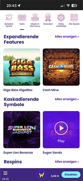 Die Spielauswahl von Wildz mit Slot-Spielen in der Übersicht.