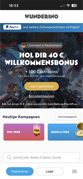 Die Lobby von Wunderino mit Slot-Spielen in der Übersicht.