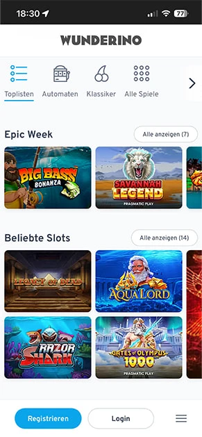 Die Spielauswahl von Wunderino mit Slot-Spielen in der Übersicht.