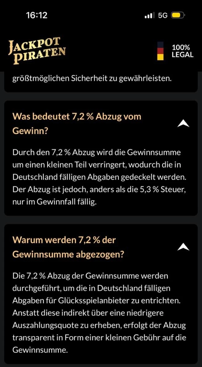 Der FAQ-Bereich bei JackpotPiraten mit der Erklärung der Gewinnsteuer.
