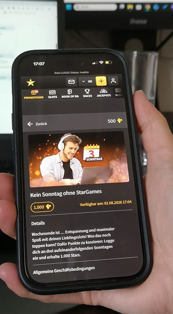 Sonderaktion für Stargames Kunden für das Einloggen an Sonntagen.