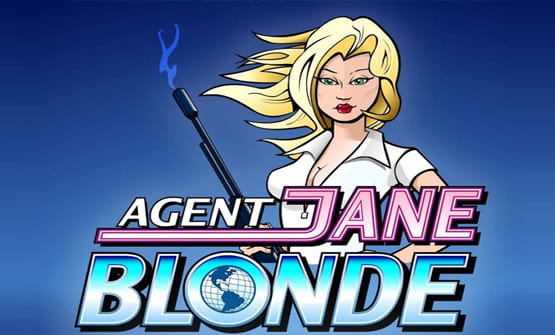 Das Logo des Slots Agent Jane Blonde und ein Charakter aus dem Spiel.