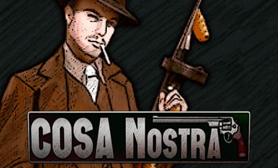 Das Logo des Cosa Nostra Slots und im Hintergrund ein Mafiosi.