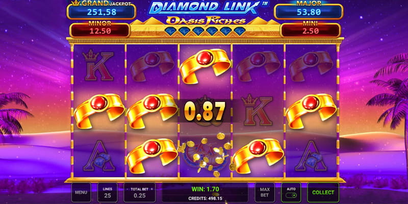 Eine kostenlose Demo-Version des Diamond Link: Oasis Riches Slots.