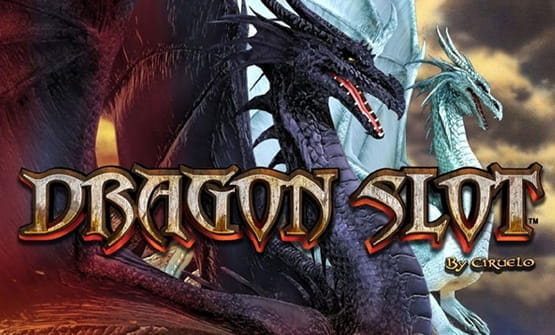 Das Logo des Titels Dragon Slot mit zwei Drachen im Hintergrund.