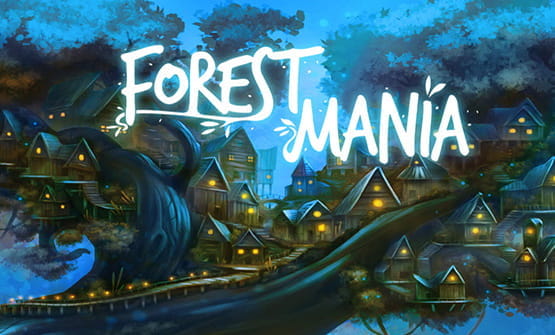 Das Logo Forest Mania vor einer Baumhaus Siedlung auf zwei Ästen.