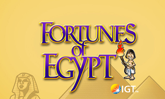 Das Logo vom Slot Fortunes of Egypt mit dem IGT Logo vor Pyramiden und der Sphynx.