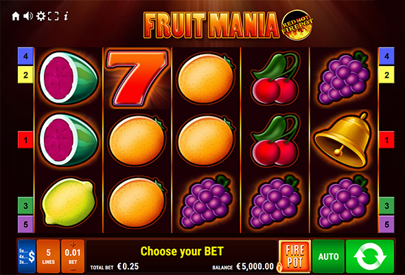 Eine kostenlose Demo-Version des Fruit Mania Red Hot Firepot Slots.