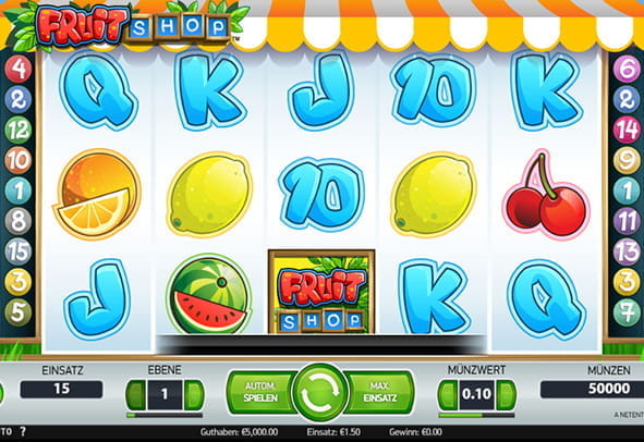 Der Startbildschirm des Fruit Shop Slots den ihr hier kostenlos spielen könnt.