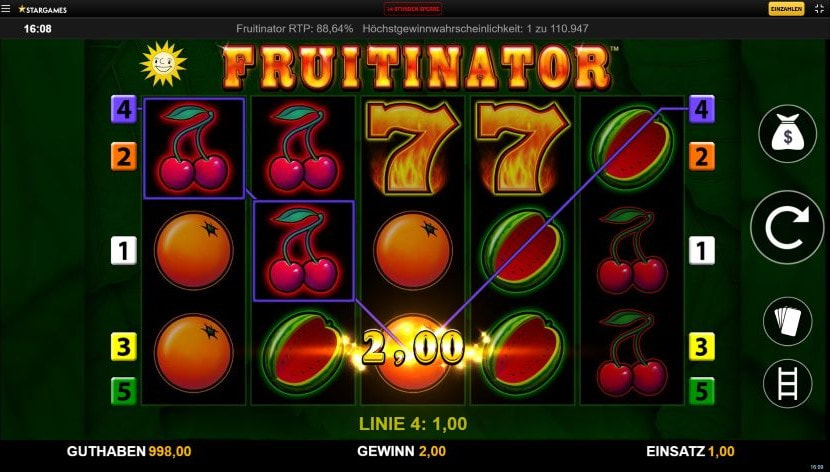 Gewinnmoment beim Fruitinator Online Spielautomat.