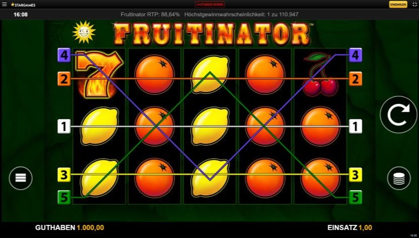 Gewinnlinien des Fruitinator Slots.