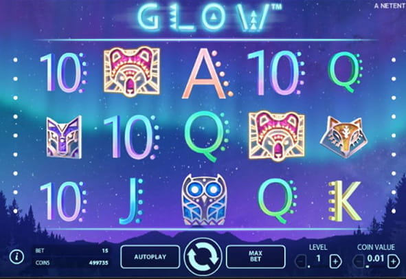 Der Startbildschirm des Glow Slots den ihr hier kostenlos spielen könnt.