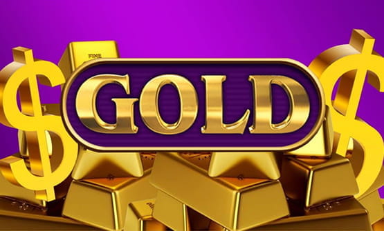 Das Logo des Gold Slots von Big Time Gaming mit Goldbarren und Dollar-Zeichen.