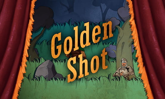 Das Logo vom Golden Shot Slot von Fugaso mit einem Vorhang im Vordergrund und einem Ritter im Wald.