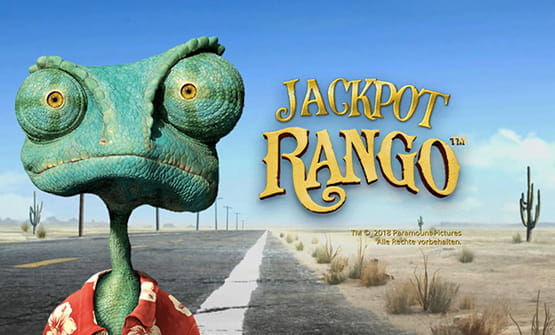 Das Logo des Online Spielautomaten Jackpot Rango von iSoftBet mit einer Echse in einer Wüste.