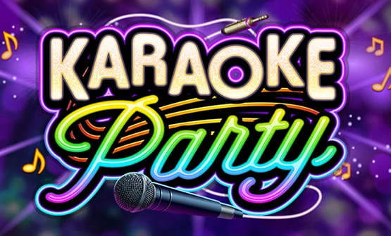 Das Karaoke Party Slot Logo in Neonfarben mit einem Mikrofon und Musiknoten im Hintergrund.