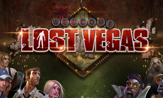 Das Lost Vegas Slot Logo mit Menschen und Zombies im Hintergrund.