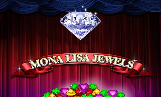Das Logo des Online Spielautomaten Mona Lisa Jewels von iSoftBet mit einem funkelnden Diamanten.