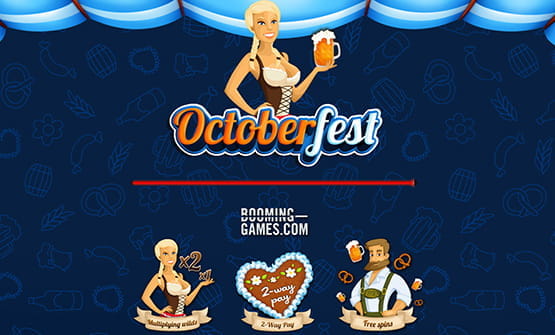 das Logo vom Online Slot Oktoberfest mit einer Frau, einem Mann und einem Lebkuchenherz sowie dem Logo des Herstellers Booming Games