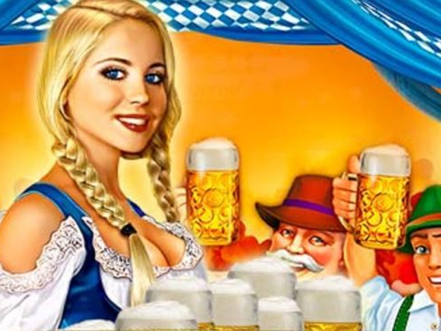 das Logo vom Online Slot Oktoberfest mit einer Frau, einem Mann und einem Lebkuchenherz sowie dem Logo des Herstellers Booming Games